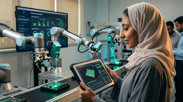 مهندسة عربية تحمل جهاز لوحي في مختبر روبوتات ذكي