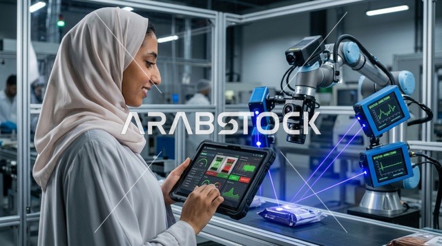مهندسة عربية بالعباءة تتحكم في ذراع روبوتية بمصنع ذكي