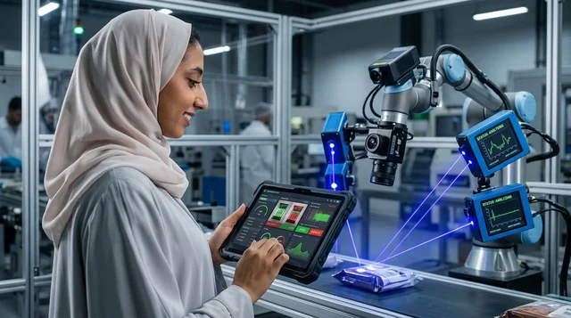 مهندسة عربية بالعباءة تتحكم في ذراع روبوتية بمصنع ذكي