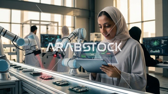مهندسة عربية تراقب خط الإنتاج الروبوتي في مصنع ذكي