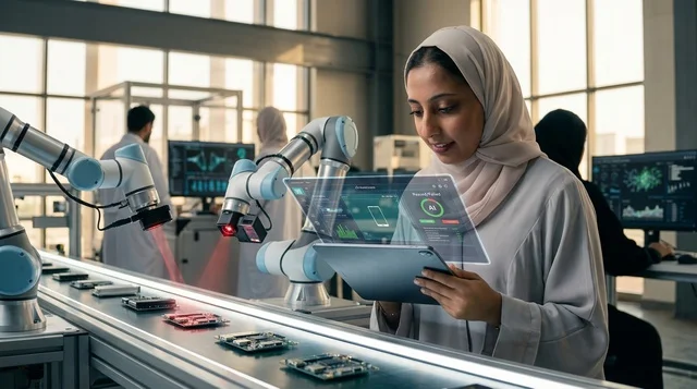 مهندسة عربية تراقب خط الإنتاج الروبوتي في مصنع ذكي