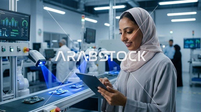 مهندسة إماراتية تستخدم جهازاً لوحياً في مصنع ذكي حديث
