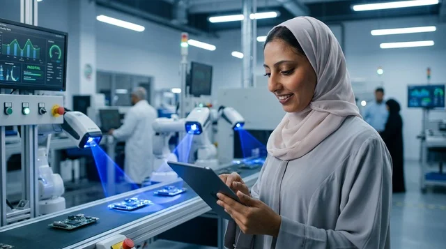 مهندسة إماراتية تستخدم جهازاً لوحياً في مصنع ذكي حديث