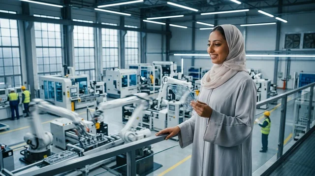 Saudi Female Engineer in Modern Smart Factory Facility