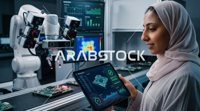 مهندسة عربية بالحجاب تتابع خط إنتاج روبوتي بالكمبيوتر