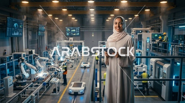 مهندسة إماراتية تعمل في مصنع ذكي متطور بالروبوتات