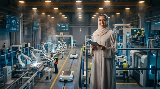 مهندسة إماراتية تعمل في مصنع ذكي متطور بالروبوتات