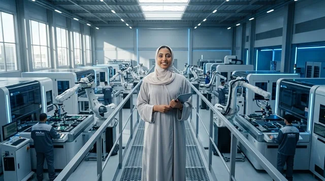 مهندسة عربية بالعباءة تحمل جهازا لوحيا في مصنع ذكي
