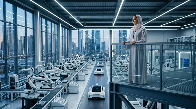 مهندسة إماراتية بالعباءة داخل مصنع سيارات ذكي
