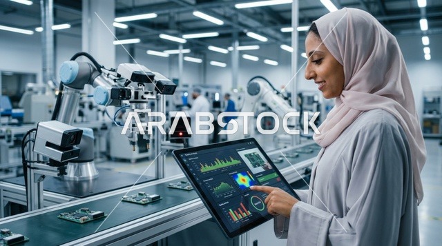 مهندسة عربية ترتدي العباءة تراقب الروبوتات في مصنع ذكي
