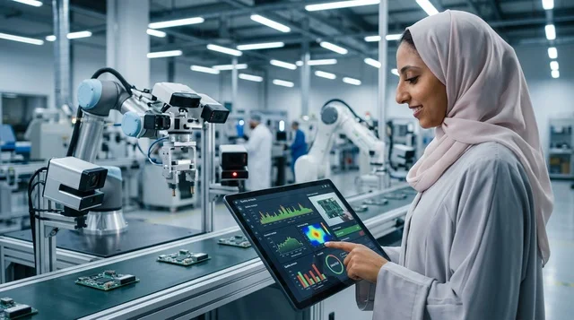 مهندسة عربية ترتدي العباءة تراقب الروبوتات في مصنع ذكي