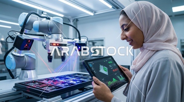 مهندسة سعودية تشرف على ذراع روبوتات في مختبر ذكي