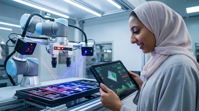 مهندسة سعودية تشرف على ذراع روبوتات في مختبر ذكي