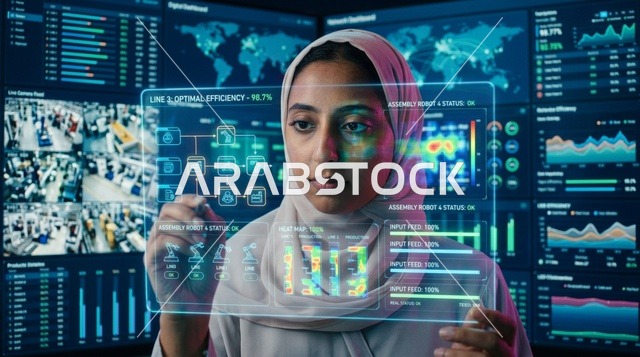 مهندسة إماراتية بالعباءة تشغل لوحة تحكم رقمية بمصنع ذكي