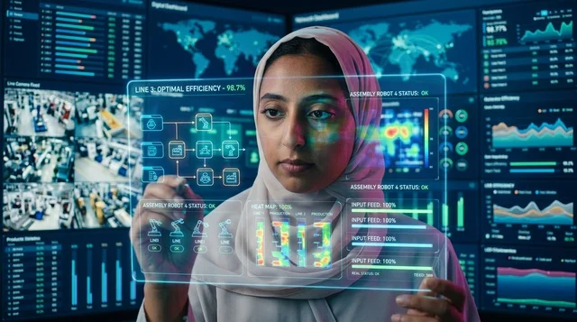 مهندسة إماراتية بالعباءة تشغل لوحة تحكم رقمية بمصنع ذكي