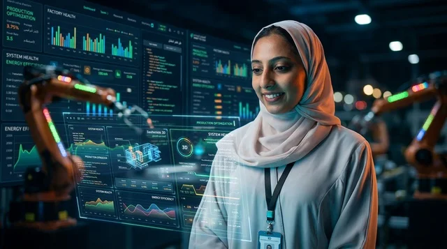 مهندسة سعودية تعمل في مصنع ذكي للروبوتات والأتمتة