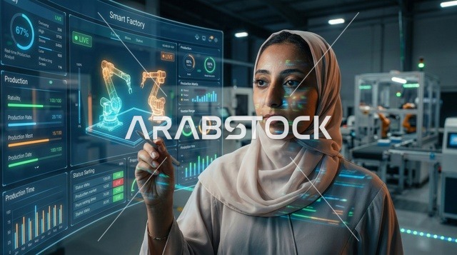 مهندسة عربية ترتدي الحجاب تتفاعل مع شاشة المصنع الذكي