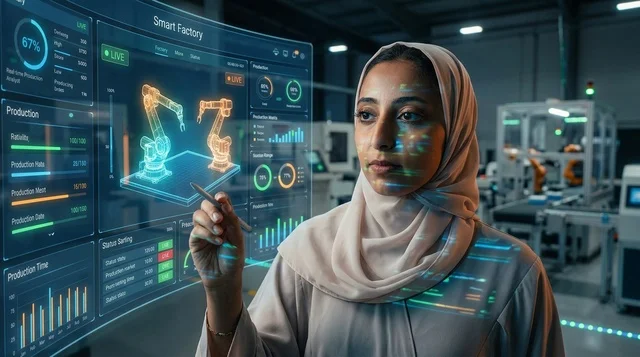 مهندسة عربية ترتدي الحجاب تتفاعل مع شاشة المصنع الذكي