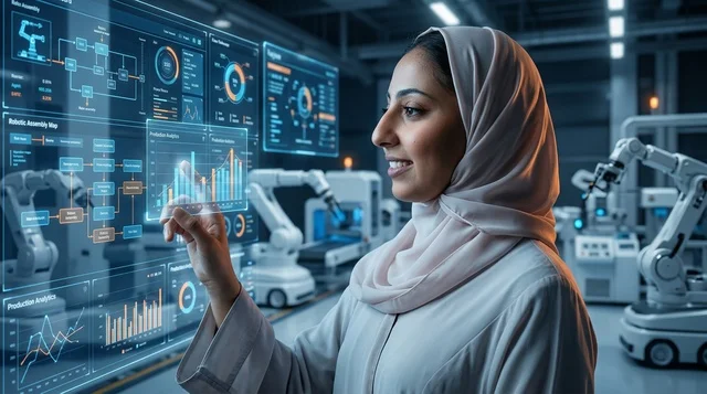 مهندسة عربية تتفاعل مع شاشة هولوغرام في مصنع ذكي