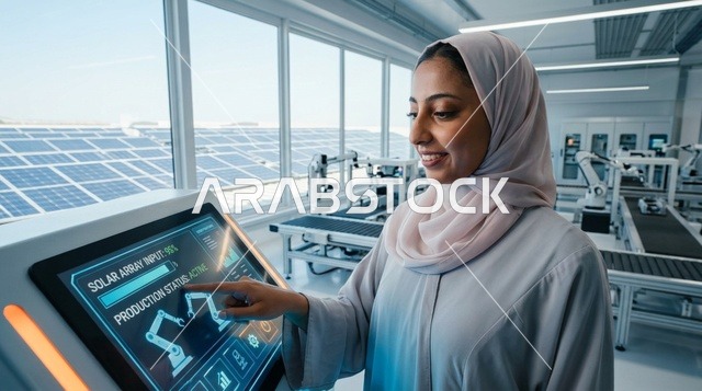 مهندسة إماراتية بالعباءة تشغل لوحة تحكم رقمية بمصنع ذكي