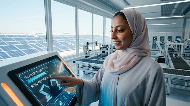 مهندسة إماراتية بالعباءة تشغل لوحة تحكم رقمية بمصنع ذكي