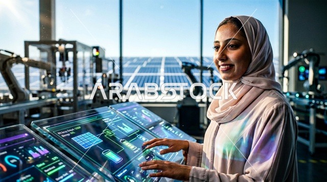 مهندسة عربية محجبة تدير لوحة تحكم الطاقة الشمسية