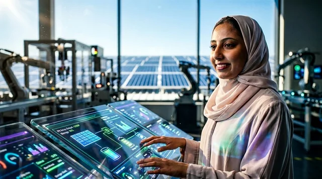 مهندسة عربية محجبة تدير لوحة تحكم الطاقة الشمسية