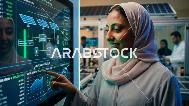 مهندسة عربية تراقب شاشة التحكم بالطاقة الشمسية