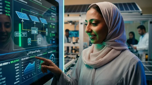 مهندسة عربية تراقب شاشة التحكم بالطاقة الشمسية