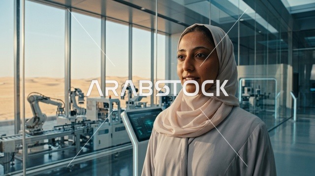 مهندسة عربية ترتدي الحجاب في مختبر الروبوتات الحديث