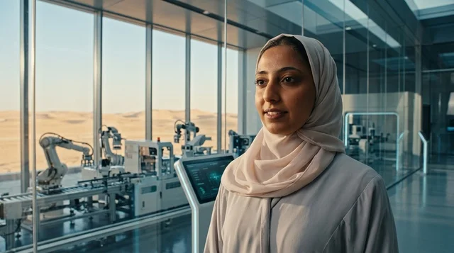 مهندسة عربية ترتدي الحجاب في مختبر الروبوتات الحديث