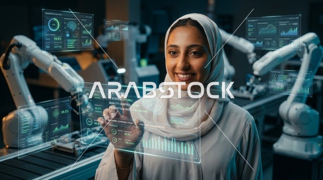 مهندسة إماراتية بالعباءة تشغل لوحة تحكم رقمية بمصنع ذكي