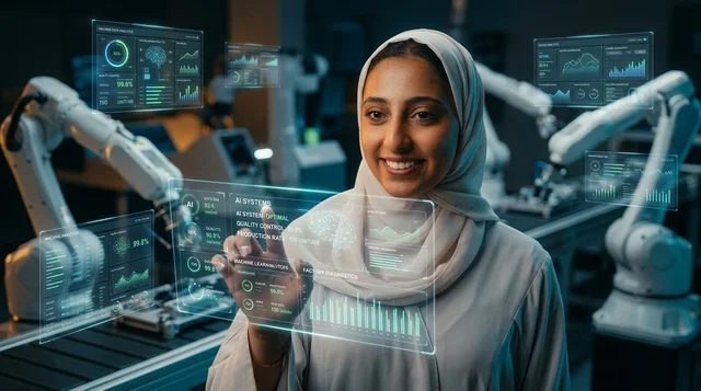 مهندسة إماراتية بالعباءة تشغل لوحة تحكم رقمية بمصنع ذكي