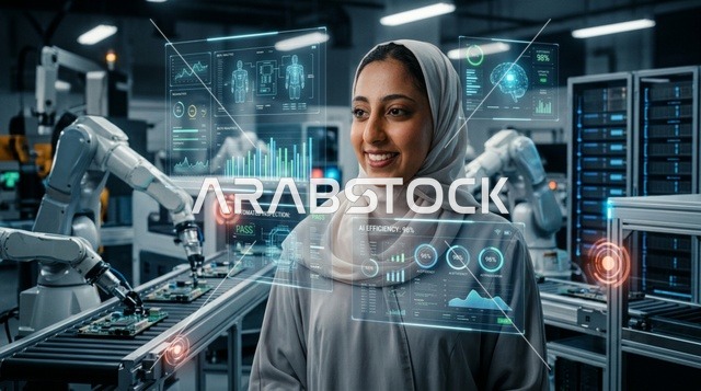 مهندسة إماراتية بالعباءة تشغل لوحة تحكم رقمية بمصنع ذكي