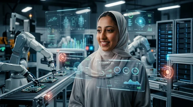مهندسة إماراتية بالعباءة تشغل لوحة تحكم رقمية بمصنع ذكي