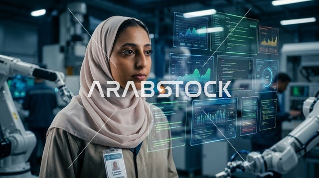 مهندسة إماراتية بالعباءة تشغل لوحة تحكم رقمية بمصنع ذكي