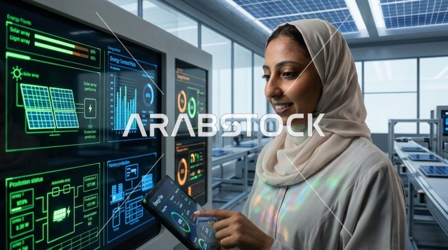 مهندسة إماراتية بالعباءة تشغل لوحة تحكم رقمية بمصنع ذكي