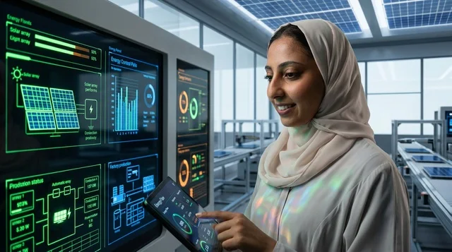 مهندسة إماراتية بالعباءة تشغل لوحة تحكم رقمية بمصنع ذكي