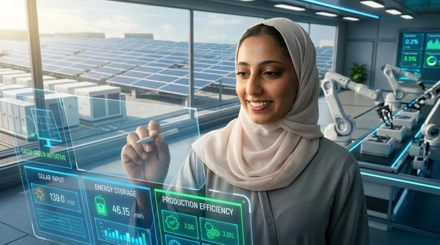 Emirati Woman Using Hologram in Solar Energy Plant