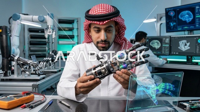مهندس سعودي يتفحص يداً روبوتية اصطناعية في المختبر