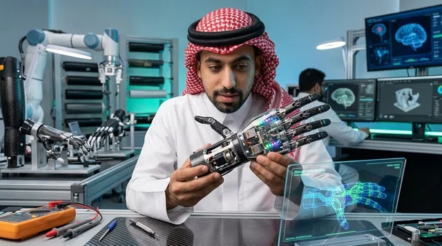 مهندس سعودي يتفحص يداً روبوتية اصطناعية في المختبر