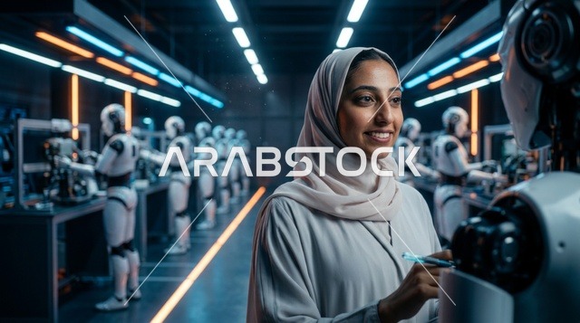 مهندسة إماراتية بالعباءة تشغل لوحة تحكم رقمية بمصنع ذكي