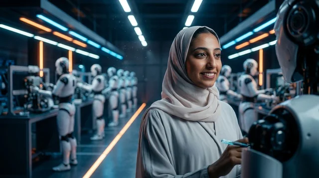مهندسة إماراتية بالعباءة تشغل لوحة تحكم رقمية بمصنع ذكي
