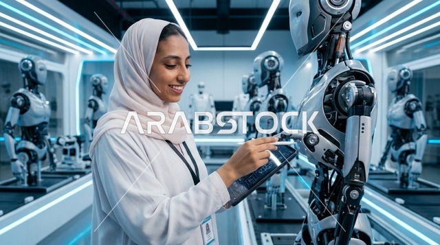 مهندسة إماراتية بالعباءة تشغل لوحة تحكم رقمية بمصنع ذكي