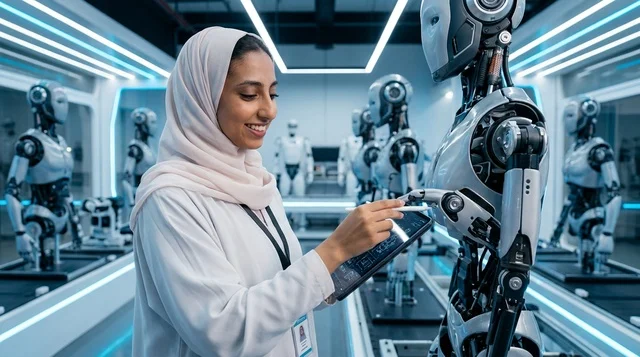 مهندسة إماراتية بالعباءة تشغل لوحة تحكم رقمية بمصنع ذكي