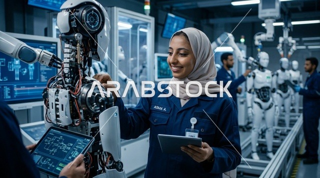 مهندسة إماراتية بالعباءة تشغل لوحة تحكم رقمية بمصنع ذكي
