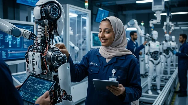 An Emirati engineer in an abaya operates a digital control panel in a smart factory.