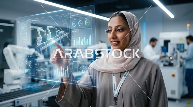 مهندسة إماراتية بالعباءة تشغل لوحة تحكم رقمية بمصنع ذكي