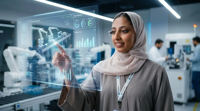 مهندسة إماراتية بالعباءة تشغل لوحة تحكم رقمية بمصنع ذكي