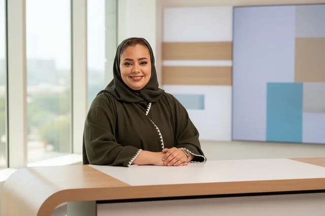 سيدة أعمال إماراتية مبتسمة تجلس خلف مكتب عمل حديث
